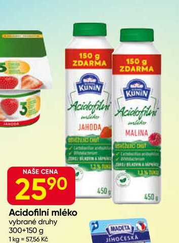 Kunín Acidofilní mléko vybrané druhy 300+150 g v akci