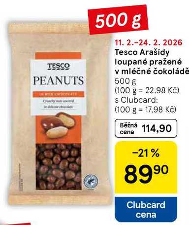 Tesco Arašídy loupané pražené v mléčné čokoládě, 500 g