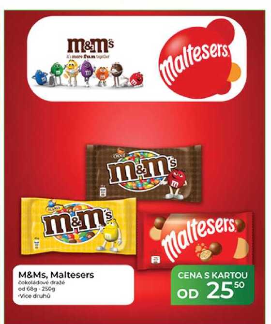 M&Ms, Maltesers čokoládové draže od 68 g-250g  