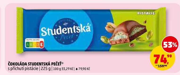 ČOKOLÁDA STUDENTSKÁ PEČEŤ s příchutí pistácie, 225 g