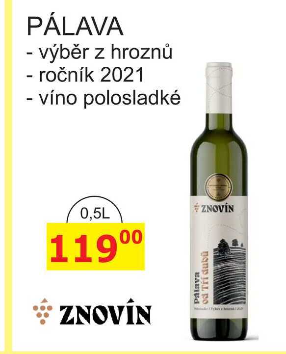 ZNOVÍN ZNOJMO PÁLAVA výběr z hroznů 2021 - víno polosladké 0,5L