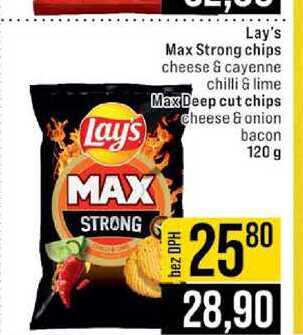 Lay's Max Strong chips cheese & cayenne chilli & lime Max Deep cut chips cheese & onion bacon 120 g