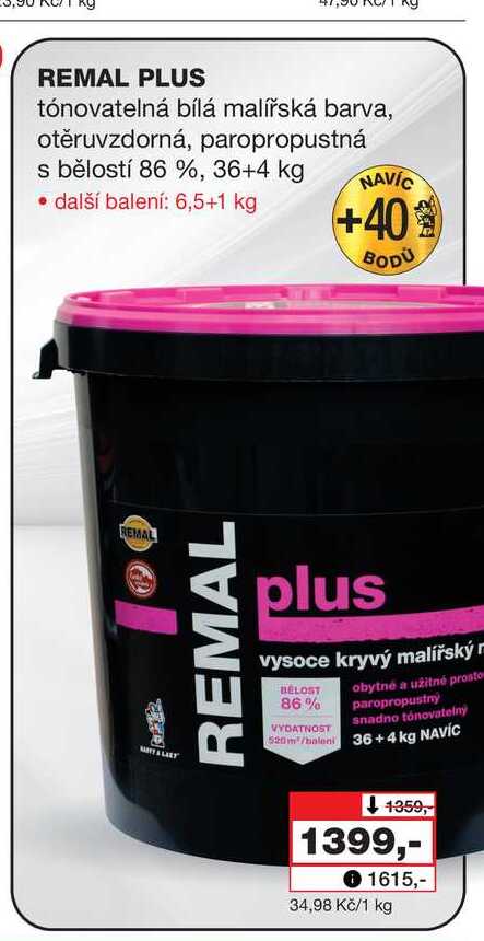REMAL PLUS tónovatelná bílá malířská barva, otěruvzdorná, paropropustná s bělostí 86 %, 36+4 kg