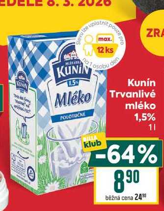 Kunín Mléko Trvanlivé 1,5% 1l