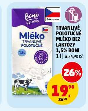 TRVANLIVÉ POLOTUČNÉ MLÉKO BEZ LAKTÓZY 1,5% BONI, 1 l