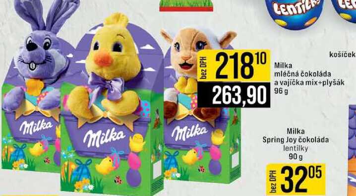 Milka mléčná čokoláda a vajíčka mix+plyšák 96 g