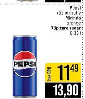 Pepsi různé druhy Mirinda orange 7Up zero sugar 0,33l