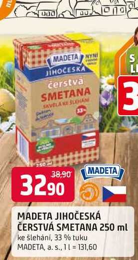 MADETA JIHOČESKÁ ČERSTVÁ SMETANA 250 ml ke šlehání, 33 % tuku 