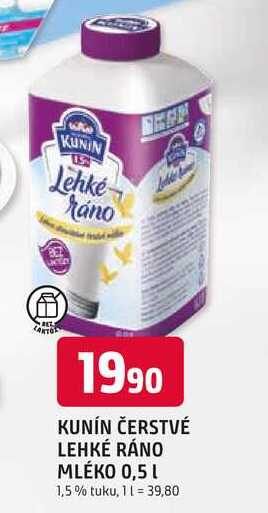 KUNÍN ČERSTVÉ LEHKÉ RÁNO MLÉKO 0,5 L 1,5% tuku