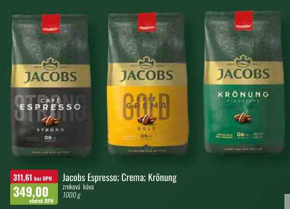 Jacobs Espresso; Crema; Krönung zrnková káva 1000 g 