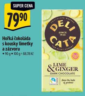 Hořká čokoláda s kousky limetky a zázvoru, 90 g