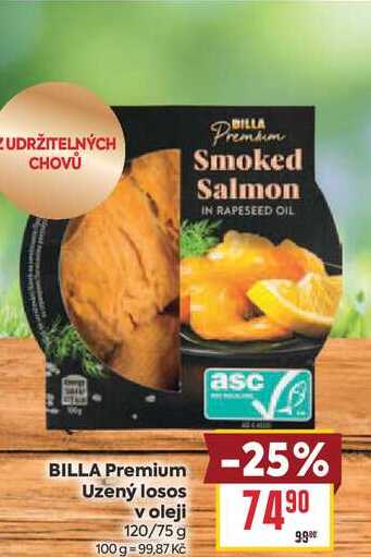BILLA Premium Uzený losos v oleji 120/75 g 