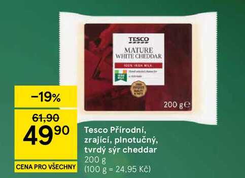 Tesco Přírodní, zrající, plnotučný, tvrdý sýr cheddar, 200 g 
