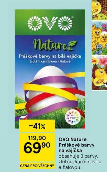 OVO Nature Práškové barvy na vajíčka, obsahuje 3 barvy, žlutou, karmínovou a fialovou 