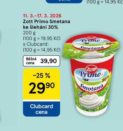 Zott Primo Smetana ke šlehání 30%, 200 g  