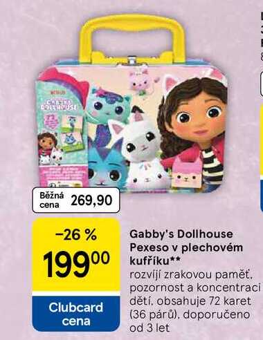 Gabby's Dollhouse Pexeso v plechovém kufříku, rozvíjí zrakovou paměť. pozornost a koncentraci dětí, obsahuje 72 karet (36 párů), doporučeno od 3 let 