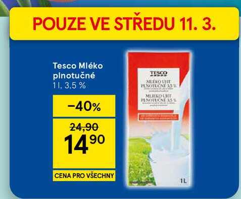 Tesco Mléko plnotučné 3,5%, 1 l 