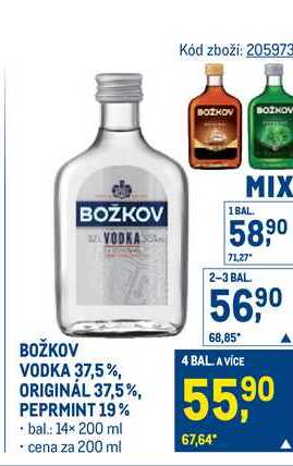 BOŽKOV VODKA 37,5%, ORIGINÁL 37,5%, PEPRMINT 19% bal 14× 200 ml cena za 200 ml