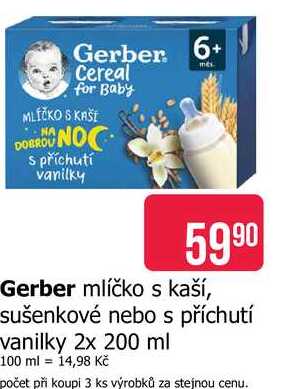 Gerber mlíčko s kaší, sušenkové nebo s příchutí vanilky 2x 200 ml
