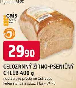 CELOZRNNÝ ŽITNO-PŠENIČNÝ CHLÉB 400 g 