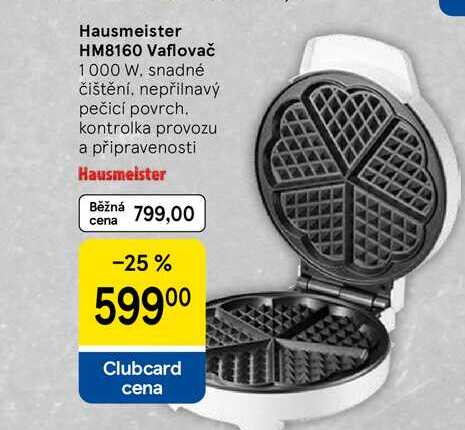 Hausmeister HM8160 Vaflovač, 1000 W. snadné čištění, nepřilnavý pečicí povrch. kontrolka provozu a připravenosti 