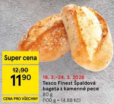 Tesco Finest Špaldová bageta z kamenné pece, 80 g  