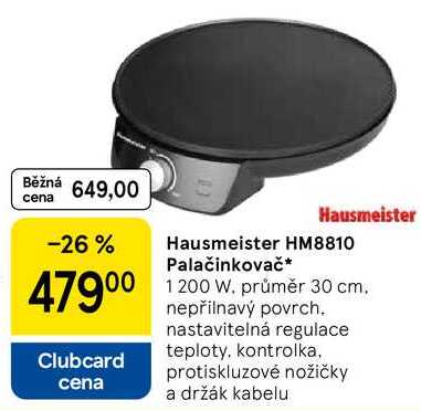 Hausmeister HM8810 Palačinkovač, 1200 W. průměr 30 cm. nepřilnavý povrch. nastavitelná regulace teploty, kontrolka, protiskluzové nožičky a držák kabelu