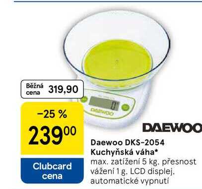 Daewoo DKS-2054 Kuchyňská váha, max. zatížení 5 kg. přesnost vážení 1 g, LCD displej. automatické vypnutí