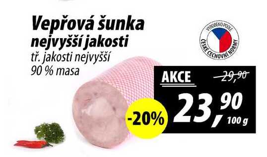 Vepřová šunka nejvyšší jakosti tř. jakosti nejvyšší 90% masa, 100 g