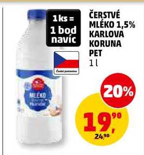 ČERSTVÉ MLÉKO 1,5% KARLOVA KORUNA PET, 1 l