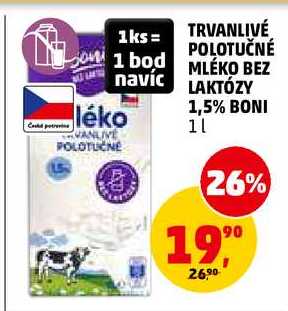TRVANLIVÉ POLOTUČNÉ MLÉKO BEZ LAKTÓZY 1,5% BONI, 1 l