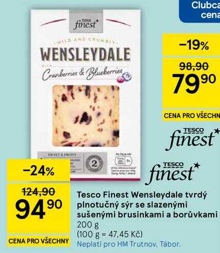 Tesco Finest Wensleydale tvrdý plnotučný sýr se slazenými sušenými brusinkami a borůvkami, 200 g 