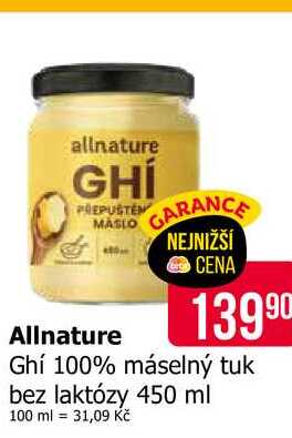 Allnature Ghí 100% máselný tuk bez laktózy 450 ml 