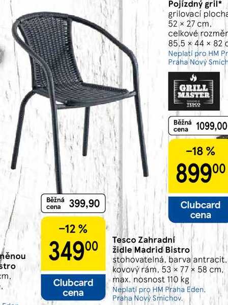 Tesco Zahradní židle Madrid Bistro stohovatelná, barva antracit. kovový rám, 53 x 77 x 58 cm. max. nosnost 110 kg