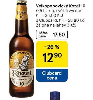Velkopopovický Kozel 10, 0.5 I, sklo, světlé výčepní  