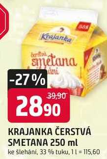 KRAJANKA ČERSTVÁ SMETANA 250 ml ke šlehání, 33% tuku