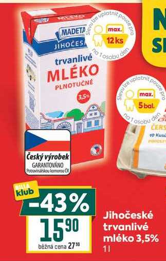 Jihočeské trvanlivé mléko 3,5% 1l