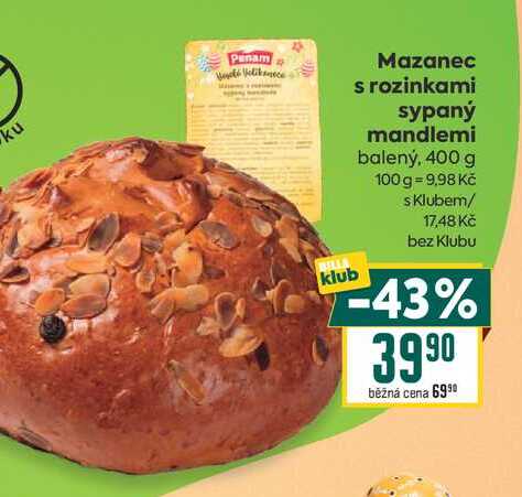 Mazanec s rozinkami sypaný mandlemi balený, 400 g