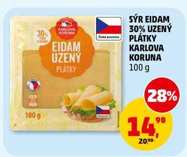 SÝR EIDAM 30% UZENÝ PLÁTKY KARLOVA KORUNA, 100 g 