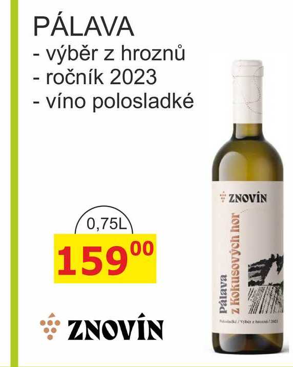ZNOVÍN ZNOJMO 0,75L PÁLAVA výběr z hroznů ročník 2023, víno polosladké 