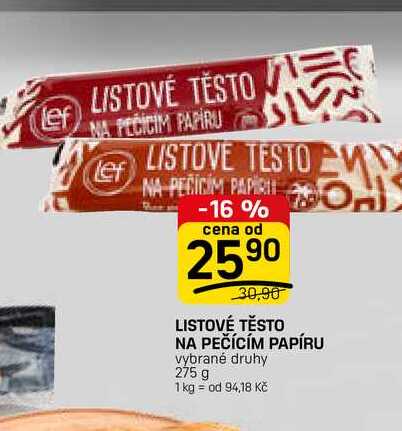 LISTOVÉ TĚSTO NA PEČÍCÍM PAPÍRU vybrané druhy 275 g 