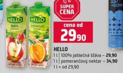HELLO 1l 100% jablečná šťáva 1l pomerančový nektar 
