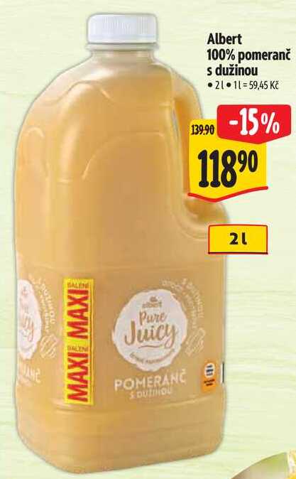 Albert 100% pomeranč s dužinou, 2 l