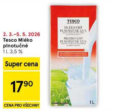 Tesco Mléko plnotučné, 1 l