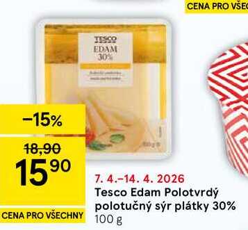 Tesco Edam Polotvrdý polotučný sýr plátky 30%, 100 g 