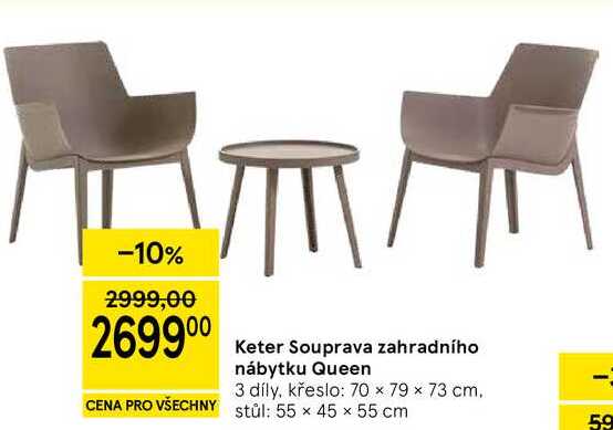 Keter Souprava zahradního nábytku Queen, 3 díly, křeslo: 70 × 79 × 73 cm, stůl: 55 x 45 x 55 cm