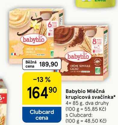 Babybio Mléčná krupicová svačinka, 4x 85 g, dva druhy