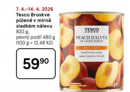 Tesco Broskve půlené v mírně sladkém nálevu, 820 g 