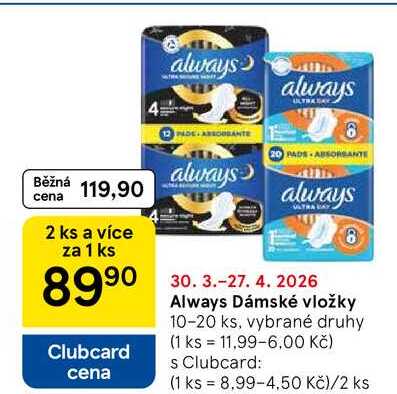 Always Dámské vložky, 10-20 ks, vybrané druhy 