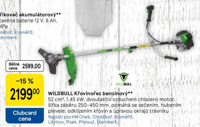 WILDBULL Křovinořez benzínový, 52 cm³, 1,45 kW. dvoutaktní vzduchem chlazený motor, šířka záběru 250-450 mm. pomáhá se sečením. hubením plevele, odklízením křovin a úpravou okrajů trávníku